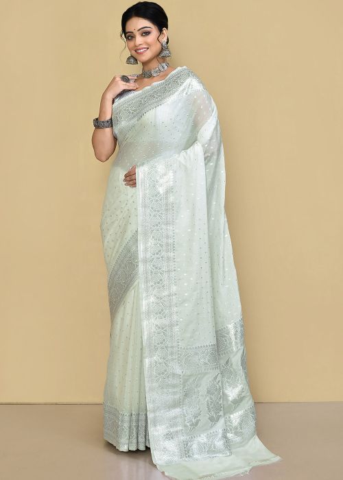 White Georgette Saree In Zari Work