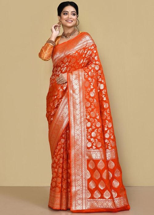 Orange Georgette Saree In Zari Work