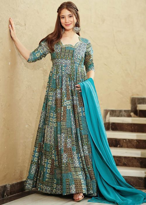 Multicolored Readymade Digital Printed Rayon Anarkali Suit