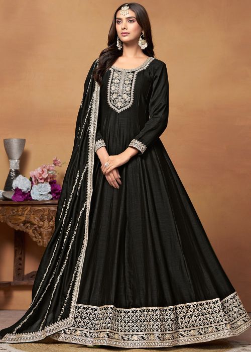 black colour anarkali dress Buy Silk Anarkali Gown In Wine and Black Colour Online - LKV0084