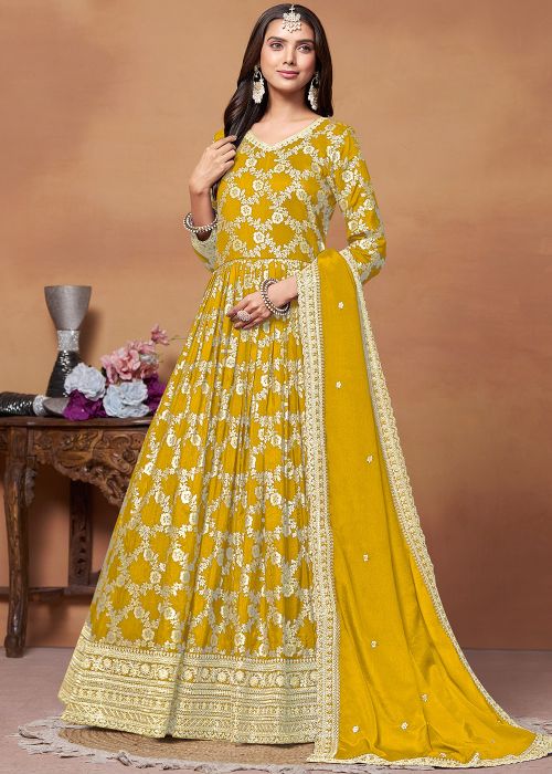 Yellow Zari Woven Anarkali Suit In Art Silk