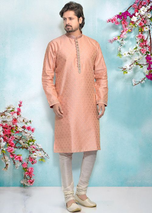 Readymade Peach Kurta Pajama In Jacquard