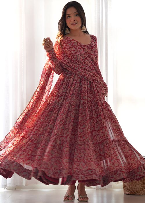 designer red anarkali dresses Red Georgette Anarkali Dress: Indian Wedding Gown With Dupatta