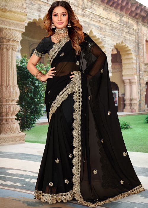 Black Embroidered Saree In Georgette