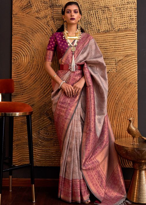 Brown Zari Woven Saree In Silk