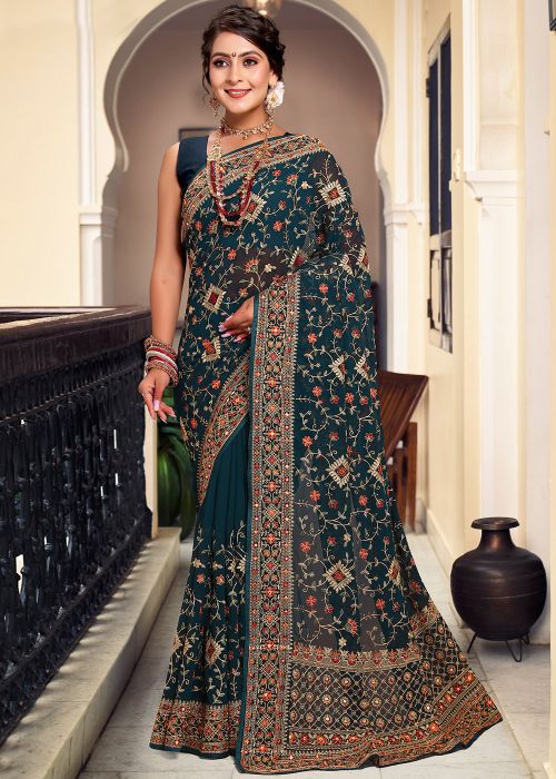 Teal Blue Embroidered Pallu Georgette Saree
