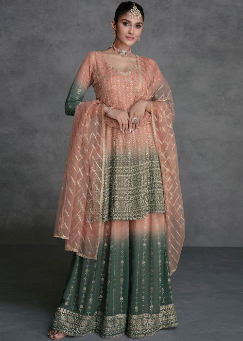 Shaded Peach Readymade Embroidered  Sharara Suit In Georgette