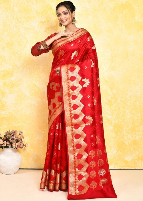 Red Zari Woven Detailed Saree In Silk