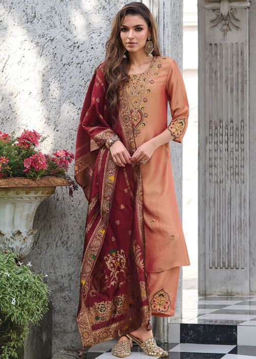 Peach Readymade Embroidered Pant Suit In Art Silk