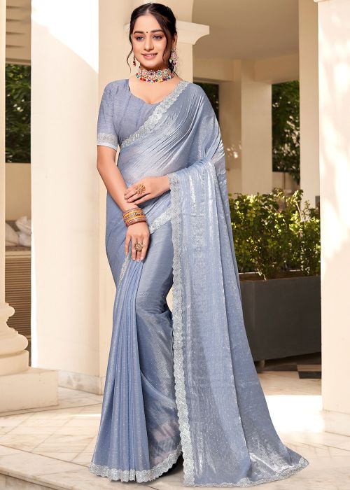 Pastel Blue Stone Embellished Silk Saree