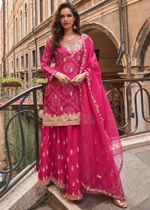 Pink Bandhej Print Sharara Suit Set In Chiffon