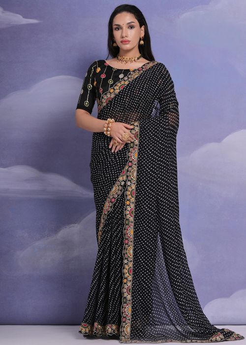 Black Bandhej Print Georgette Saree