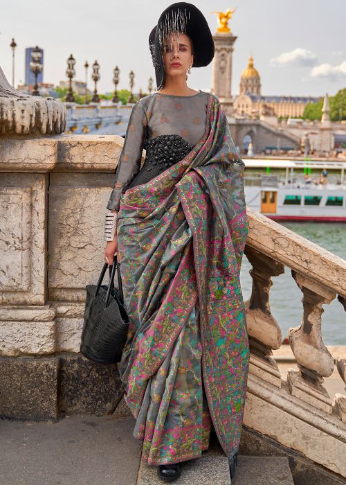 Grey Organza Printed Saree & Blouse