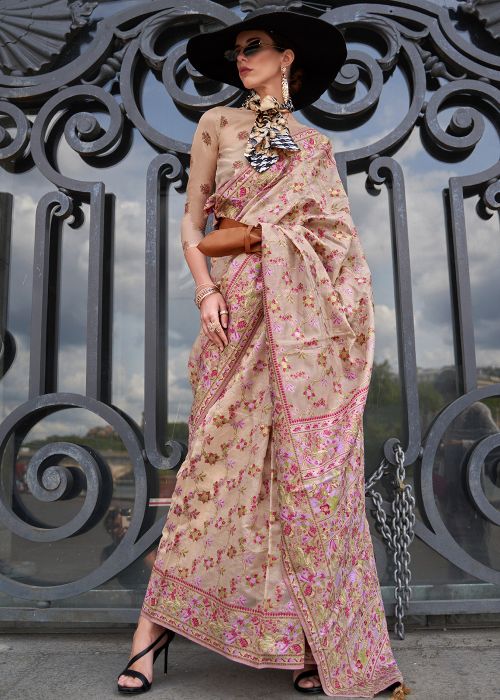 Beige Digital Printed Organza Saree 