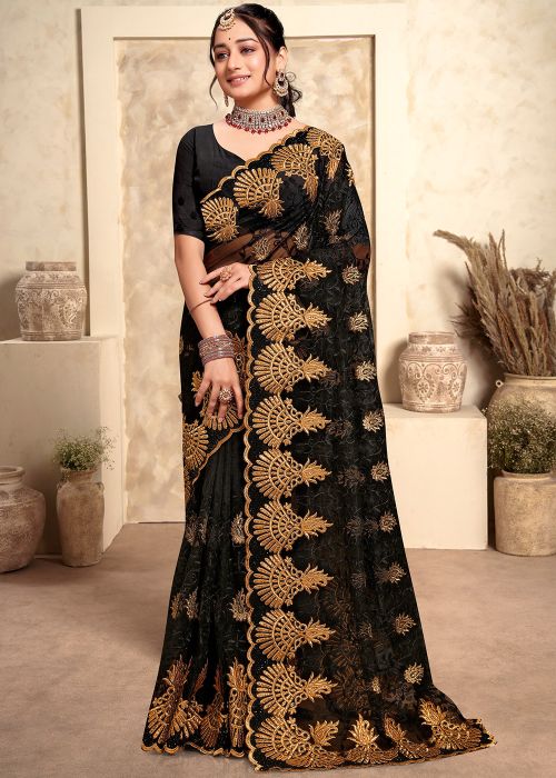 Black Embroidered Saree In Net