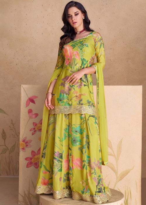 Yellow Floral Print Palazzo Salwar Suit
