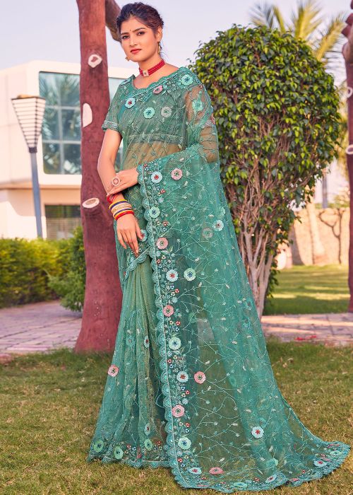 Blue Embroidered Net Saree & Blouse