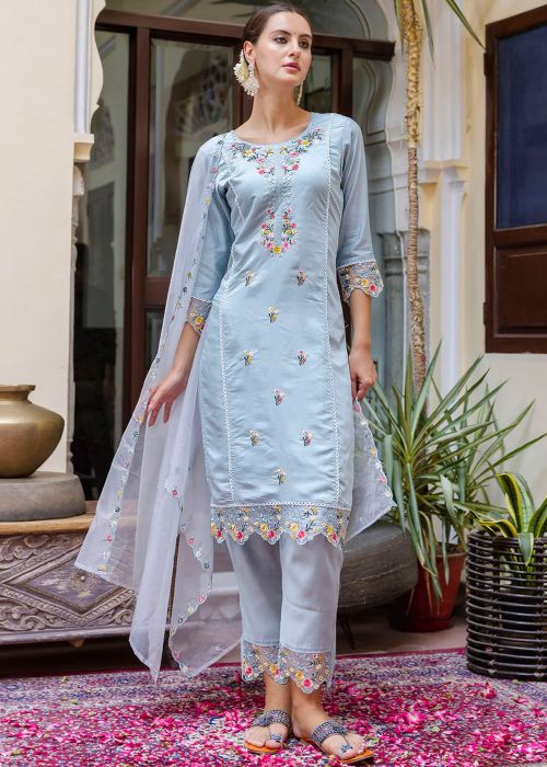 Blue Embroidered Readymade Pant Suit In Viscose