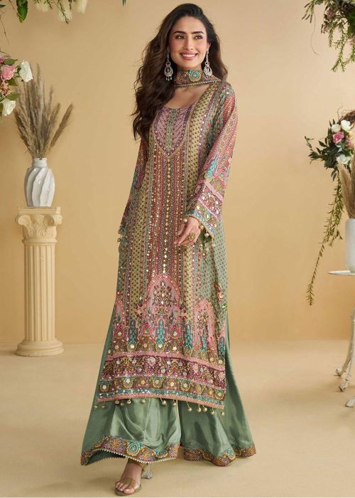 Mint Green Crepe Palazzo Suit With Floral Print