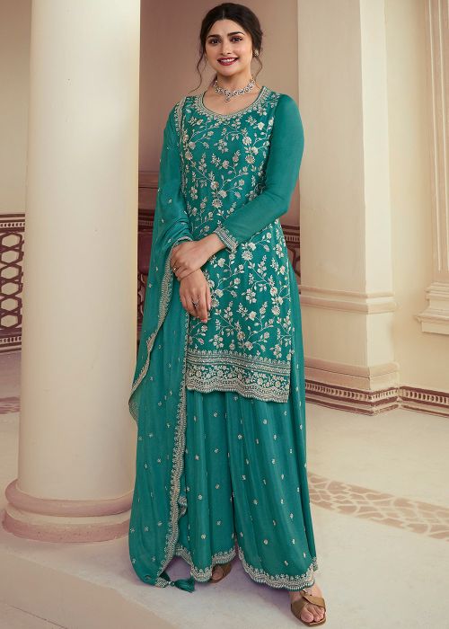 Prachi Desai Blue Embroidered Sharara Suit In Chiffon