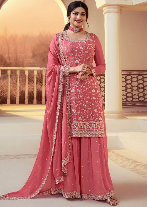 Prachi Desai Peach Embroidered Chiffon Sharara Suit Set