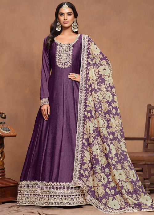 Purple Embroidered Anarkali Suit In Art Silk