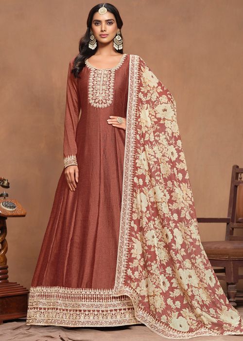 Brown Art Silk Anarkali Suit In Embroidery