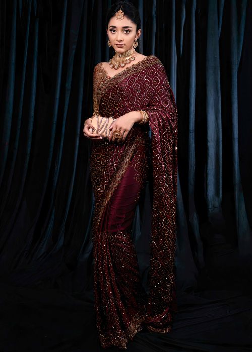Purple Sequins Embellished Silk Georgette Saree