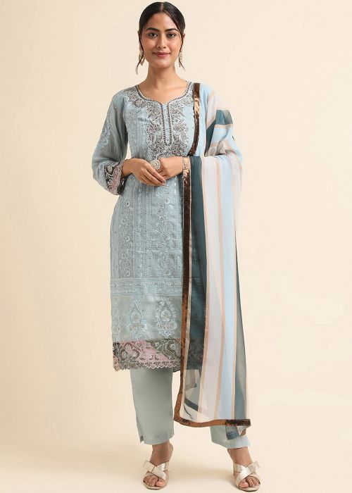 Blue Embroidered Pant Suit Set In Georgette