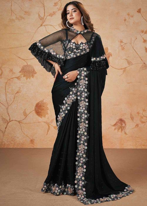 Black Embroidered Saree In Satin