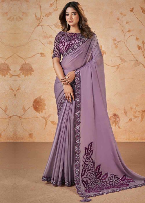 Purple Embroidered Saree In Satin