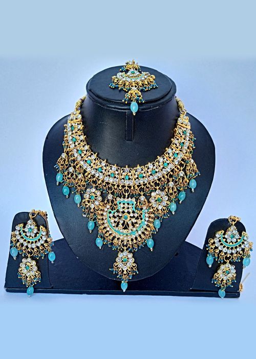 Blue Alloy Based Beaded Necklace Set