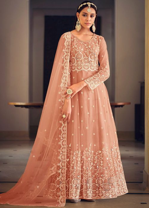 Peach Embroidered Anarkali Suit Set