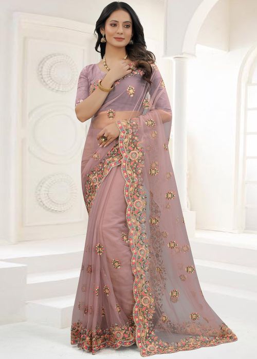 Dusty Pink Embroidered Net Saree