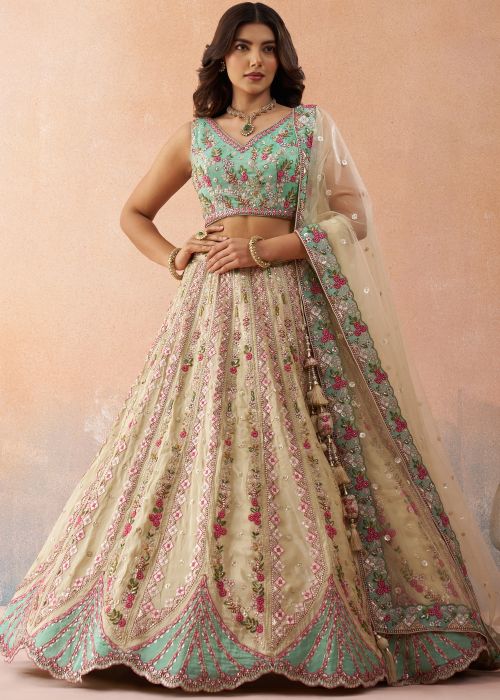 Cream Tissue Lehenga With Embroidered Choli