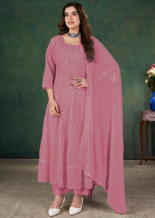 Pink Embroidered Anarkali Salwar Suit In Georgette