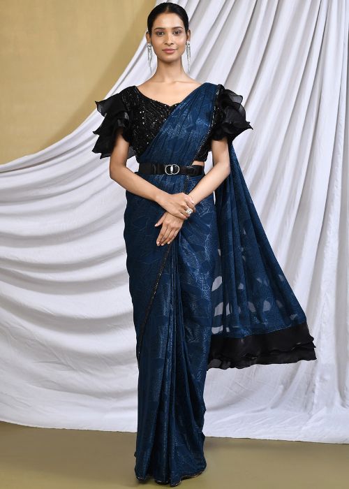 Blue Readymade Embroidered Saree In Georgette