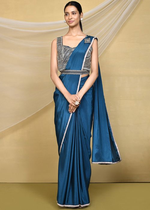 Teal Blue Georgette Plain Readymade Saree
