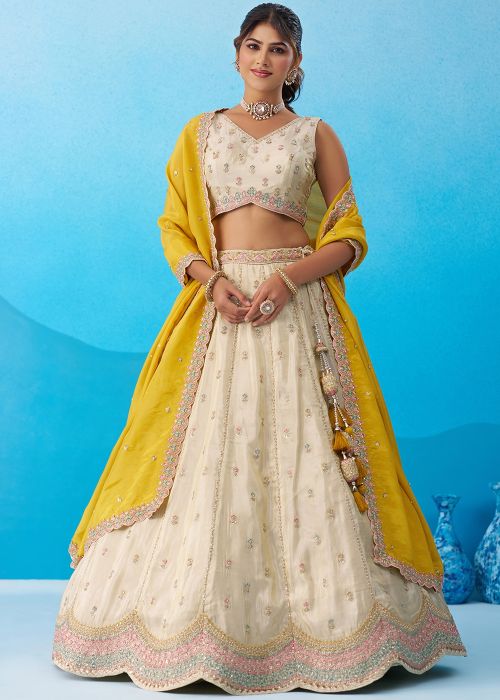 Cream Tissue Lehenga Choli With Mustard Dupatta