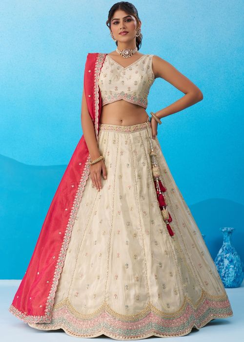 Cream Tissue Lehenga Choli With Pink Dupatta Set