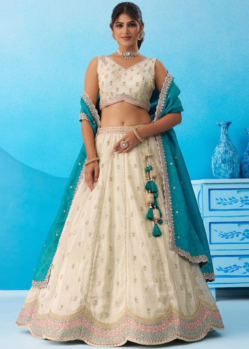 Cream Tissue Embellished Lehenga Choli With Dupatta