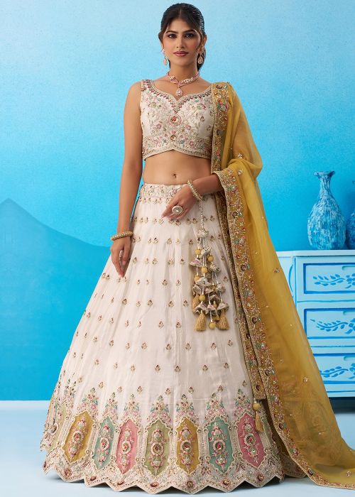 Cream Tissue Lehenga Choli With Border Work