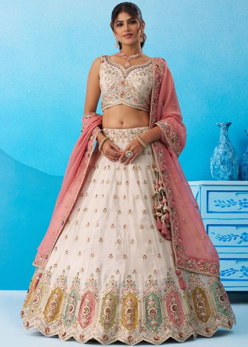 Cream Tissue Lehenga Choli With Floral Border