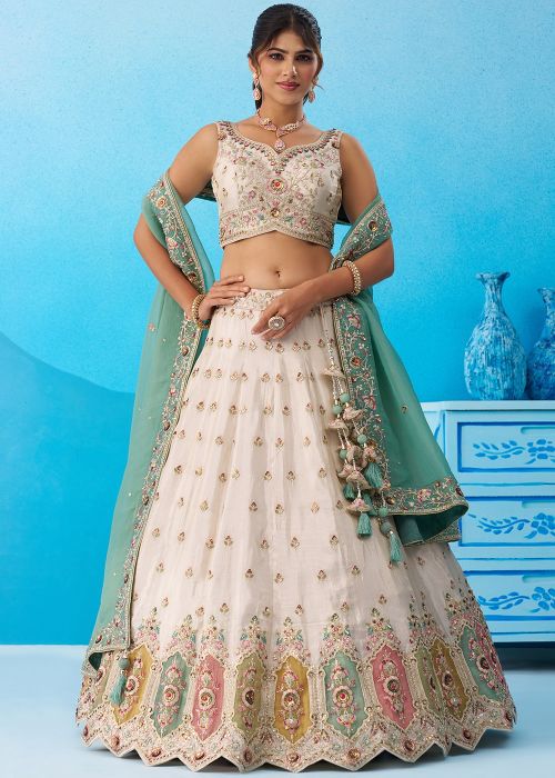 Cream Lehenga Choli With Mint Green Dupatta