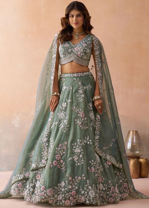 Sea Green Tissue Lehenga Choli With Floral Accents