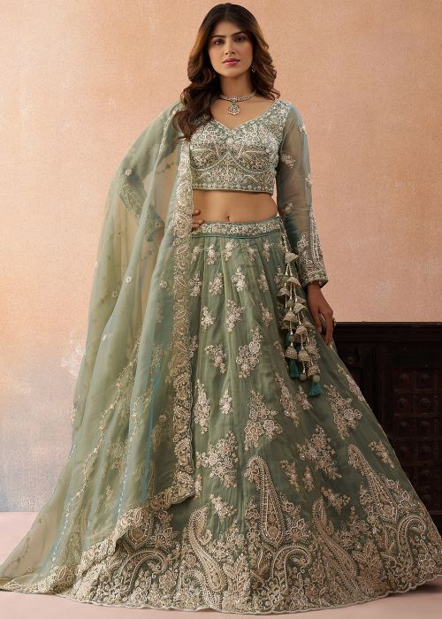 Sage Green Tissue Lehenga Choli With Beads Embroidery