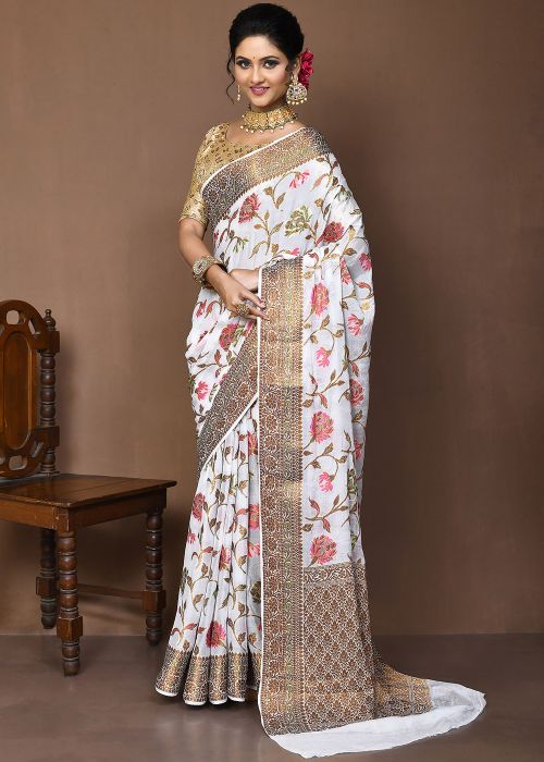 White Zari Woven Saree & Blouse