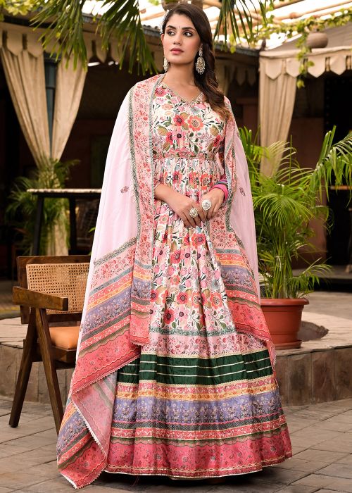 Readymade Multicolor Floral Print Anarkali Suit & Dupatta