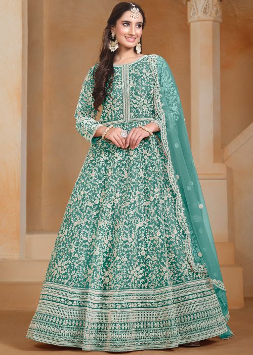 Sea Green Embroidered Net Anarkali Suit