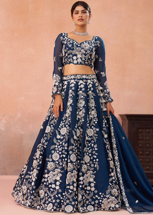 Navy Blue Organza Lehenga Choli With Floral Embroidery